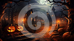Jack oâ€™ lanterns in spooky forest with ghost lights   halloween background