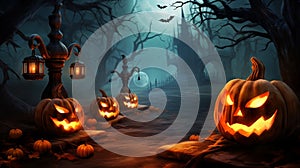 Jack oâ€™ lanterns in spooky forest at moonlight   halloween