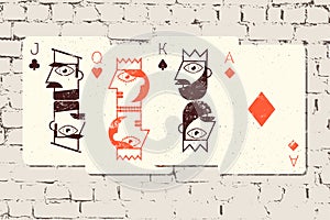 Jack, Queen, King and Ace. Stylized playing cards in grunge style on the brick wall background. Vector illustration.