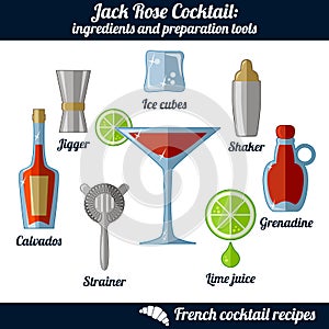 Jack Rose cocktail. Infographic set of isolated elements on white background