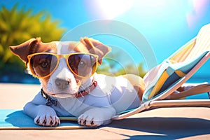 jack rusell dog sunbathing on a deck chair on vacation ai generative