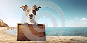 jack russell dog at the beach, holding an empty blank blackboard. place for text. The concept of a summer holiday by the sea.