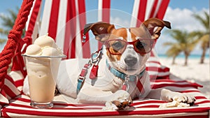 Jack russell dog relaxing on a fancy red hammock or lounger with cold vanilla ice cream