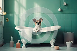 Jack Russell dog sitting in the bathtub. Puppy taking shower at home. Pet spa procedures. Generative AI