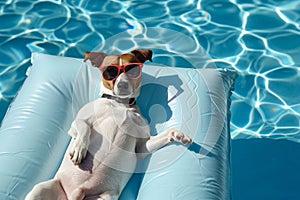 jack Russell dog in sunglasses chilling on an inflatable mattress in water by the sea or swimming pool in summer holiday