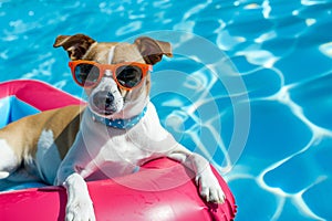 jack Russell dog in sunglasses chilling on an inflatable mattress in water by the sea or swimming pool in summer holiday