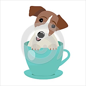 Jack Russell Terrier in blue teacup, illustration, set for baby fashion