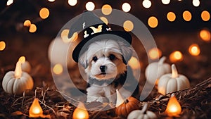 jack russell terrier with candle A delightful Halloween puppy sitting in a patch of tiny white pumpkins, with a soft witch hat on