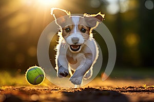 Jack Russell terrier catching up with a tennis ball in a jump