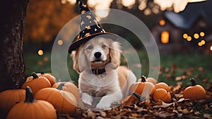 jack russell terrier charming Halloween puppy with a twinkling witch hat, sitting amidst a pile of miniature pumpkins