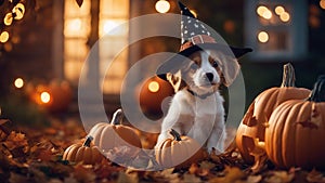 jack russell terrier charming Halloween puppy with a twinkling witch hat, sitting amidst a pile of miniature pumpkins