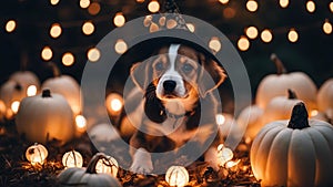 jack russell terrier A delightful Halloween puppy sitting in a patch of tiny white pumpkins, with a soft witch hat on