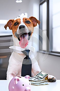 Jack Russell Terrier dog in businessman's clothes and money