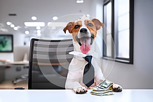 Jack Russell Terrier dog in businessman's clothes and money