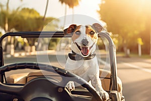 Jack russell terrier dog driving a convertible car on a sunny day, Jack russell terrier dog in a car on the road, AI Generated