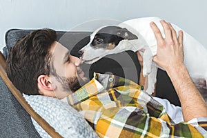 jack russell terrier dog licking face of