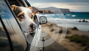 Jack russell terrier dog looking out of a car window on the beach