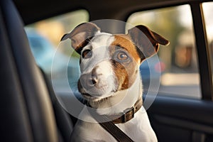 Jack russell terrier dog looking out of the car window, A Jack Russell Terrier dog is captured in a car on the road, AI Generated