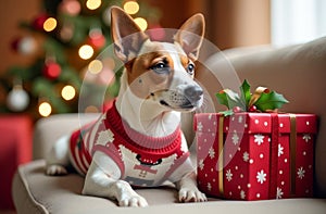 Jack Russell Terrier dog in a New Year\'s sweater near a large gift box on the background of a New Year\'s, Christmas photo