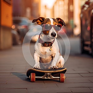 Jack russell terrier dog sitting on a skateboard as skater wearing sunglasses. Cool dog on skateboard in sunglasses in the city