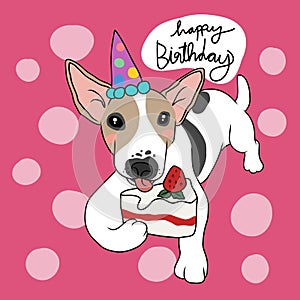 Jack Russell Terrier dog with strawberry cake cartoon, Happy Birthday card illustration