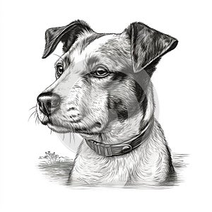 Jack Russell Terrier, engaving style, close-up portrait, black and white drawing, photo