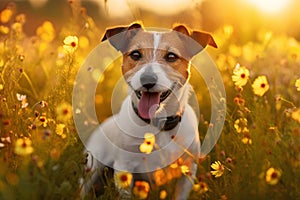 Jack russell terrier in a flowery meadow
