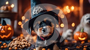 jack russell terrier A Halloween puppy wearing a witch hat, caught in the act of casting a spell on a pile of treats,