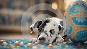 jack russell terrier A humorous Dalmatian puppy looking proudly at a series of Easter eggs