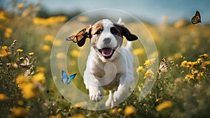 jack russell terrier A joyful puppy dog sprinting through a meadow of wildflowers, with colorful butterflies