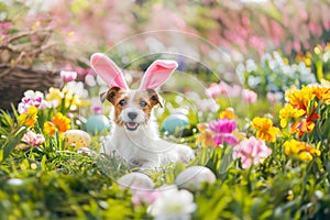 Jack Russell Terrier with pink bunny ears headband sitting in field of colorful spring flowers with Easter eggs around