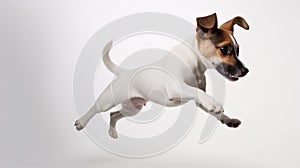 A Jack Russell Terrier pup joyfully leaping, solitary on a plain white