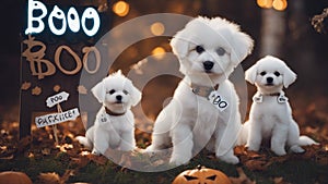 jack russell terrier puppies A comical Halloween puppy s, sitting next to a sign that says boo