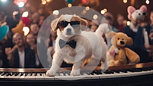 jack russell terrier puppies A hilarious puppy with a bow tie and tutu, doing a funny dance on a stage made of oversized piano