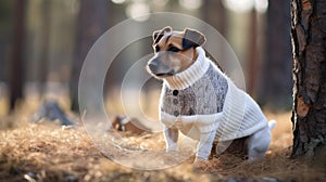 Jack Russell Terrier stands in garden. Dog in warm sweater against the backdrop of trees.