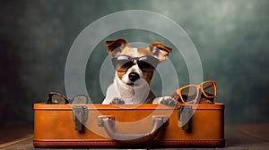 Jack Russell Terrier in sunglasses lies on a suitcase at the airport. Traveler dog. Generative AI