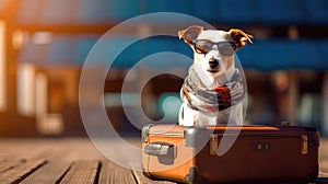 Jack Russell Terrier in sunglasses lies on a suitcase at the airport. Traveler dog. Generative AI