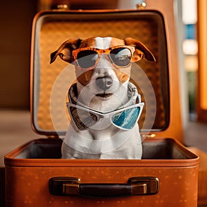 Jack Russell Terrier in sunglasses lies on a suitcase at the airport. Traveler dog. Generative AI