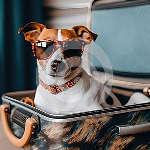 Jack Russell Terrier in sunglasses lies on a suitcase at the airport. Traveler dog. Generative AI