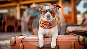 Jack Russell Terrier in sunglasses lies on a suitcase at the airport. Traveler dog. Generative AI