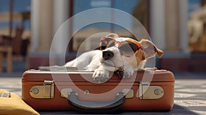 Jack Russell Terrier in sunglasses lies on a suitcase at the airport. Traveler dog. Traveling with pets. Generative ai