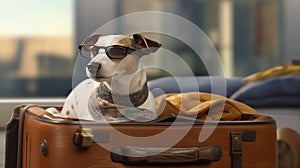 Jack Russell Terrier in sunglasses lies on a suitcase at the airport. Traveler dog. Traveling with pets. Generative ai