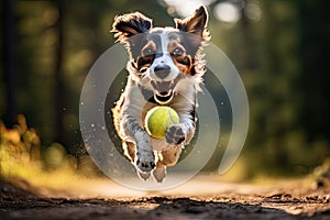 Jack Russell terrier trying to grab a flying tennis ball