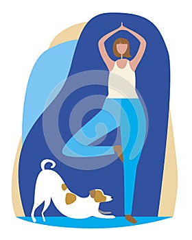 Jack russell terrier and a young girl or woman as a concept person looks like a pet, flat vector stock illustration with a dog and