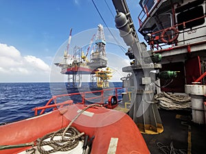 Jack up rig with oil platform at sea with blue sky