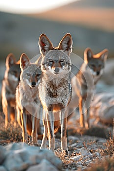Jackal family standing in front of the camera in the rocky plains.