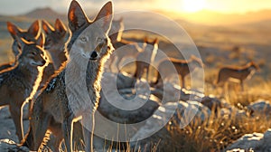 Jackal family standing in front of the camera in the rocky plains with setting sun.