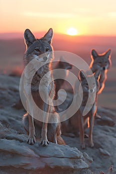 Jackal family standing in front of the camera in the rocky plains with setting sun.