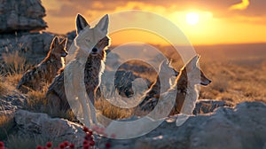 Jackal family standing in front of the camera in the rocky plains with setting sun.