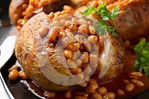 Jacket Baked potato with tomato beans. Traditional British food